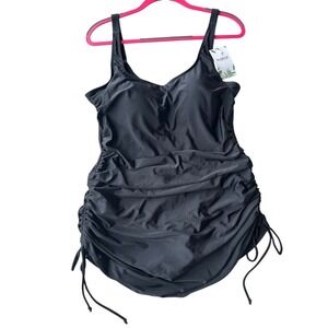 Eomenie Womens 2XL Black Ruched Drawstring One Piece Swimsuit V-Neck Padded Cup